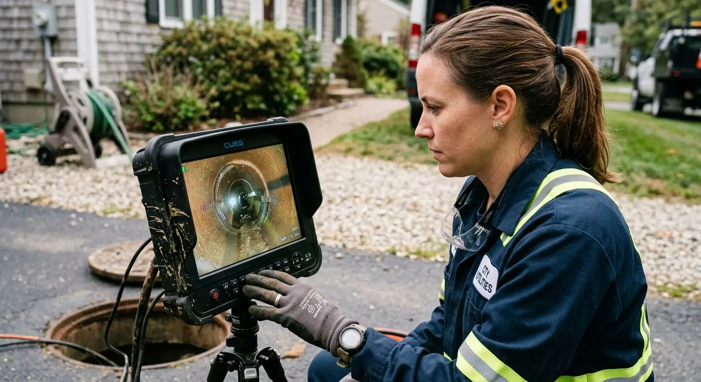 Technician reviewing sewer camera inspection footage in Laurel